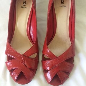 Red wedge peep toe shoes